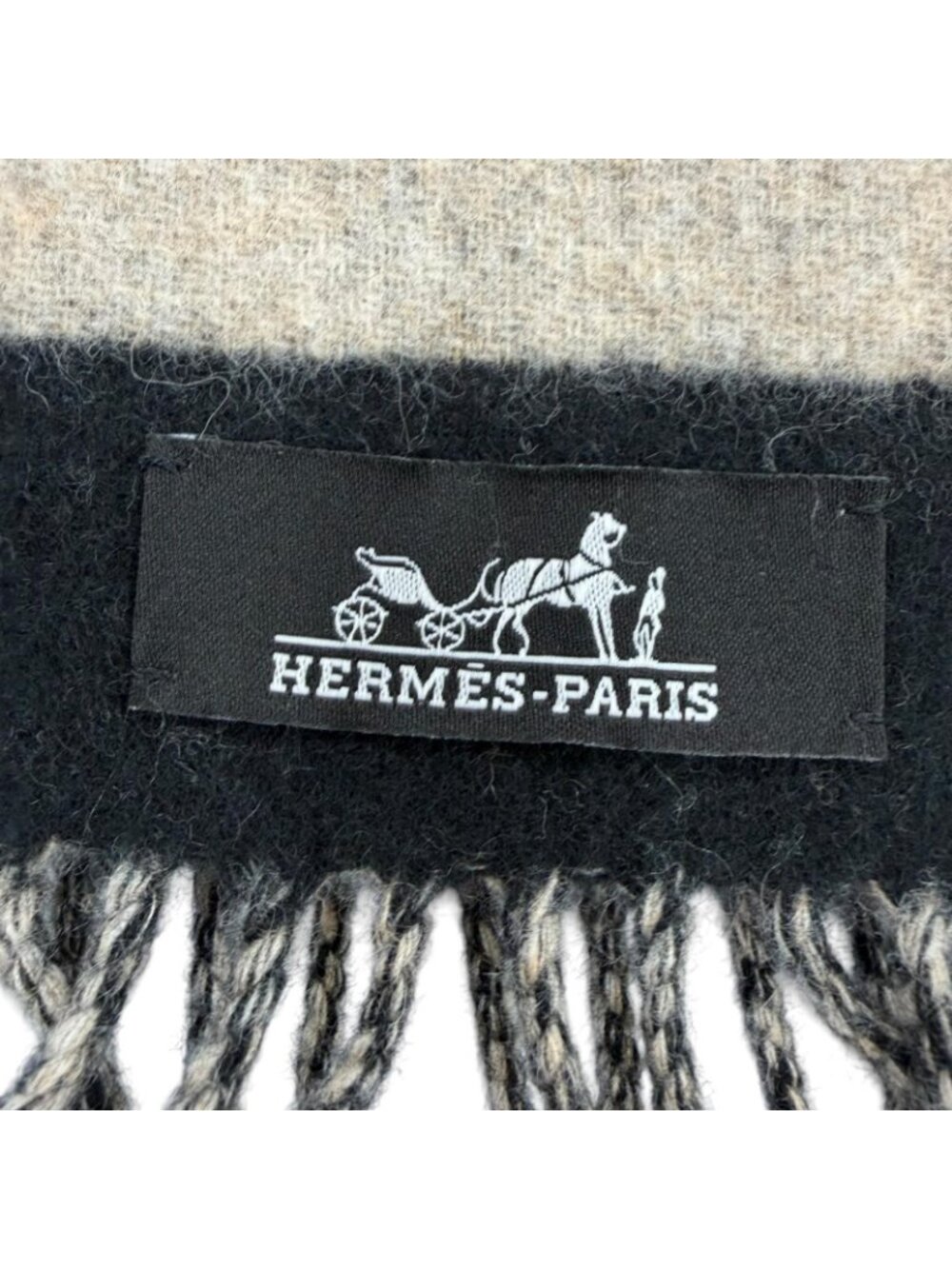 Hermes Love Story Scarf Cashmere with Fringe Horse Pattern Black Beige - Picture 9 of 10